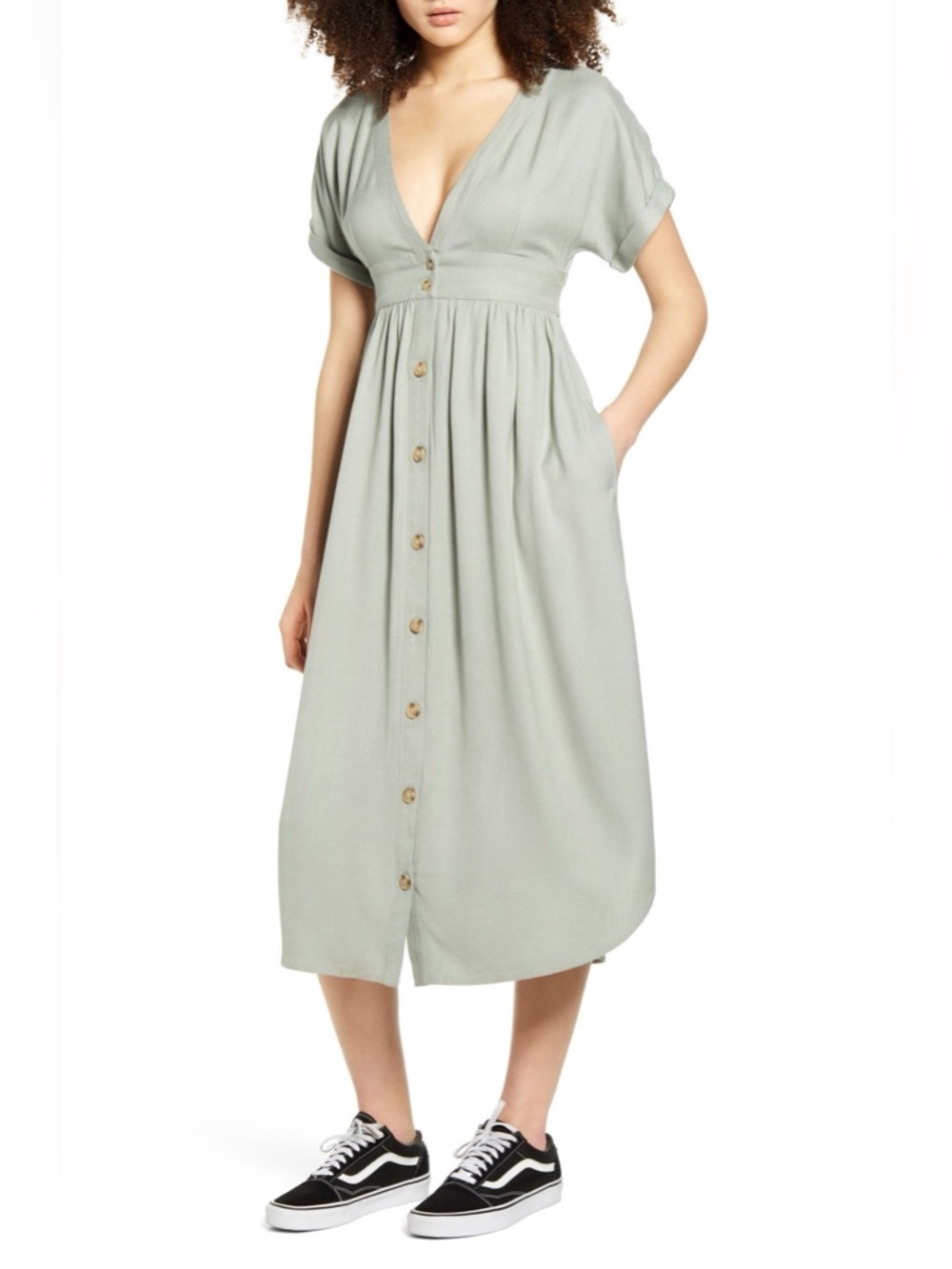 Sage Green Midi Dress Button Front V Neck Short Sleeve O’Neill M